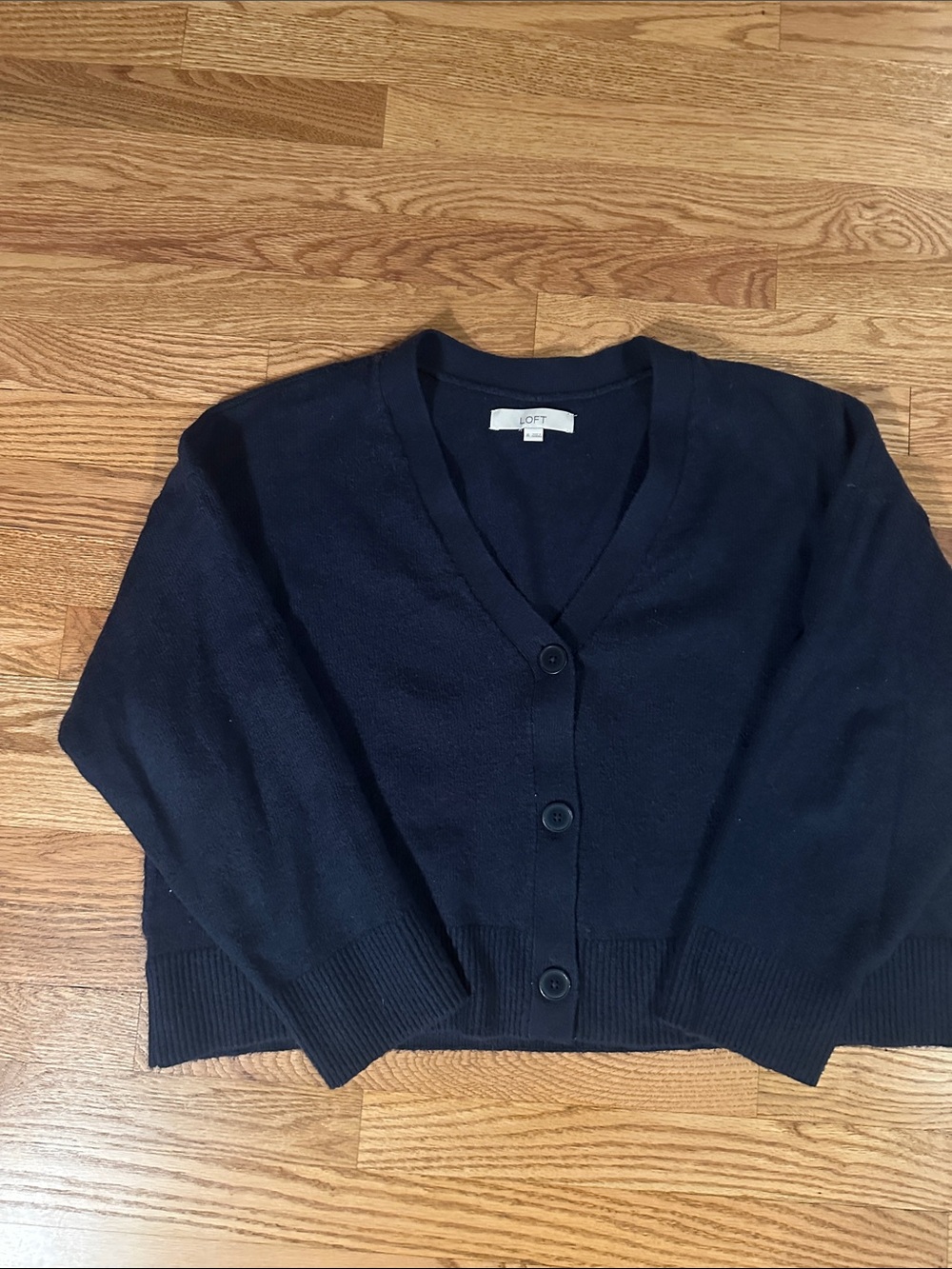 LOFT Navy Button-Front Cropped V-Neck Cardigan